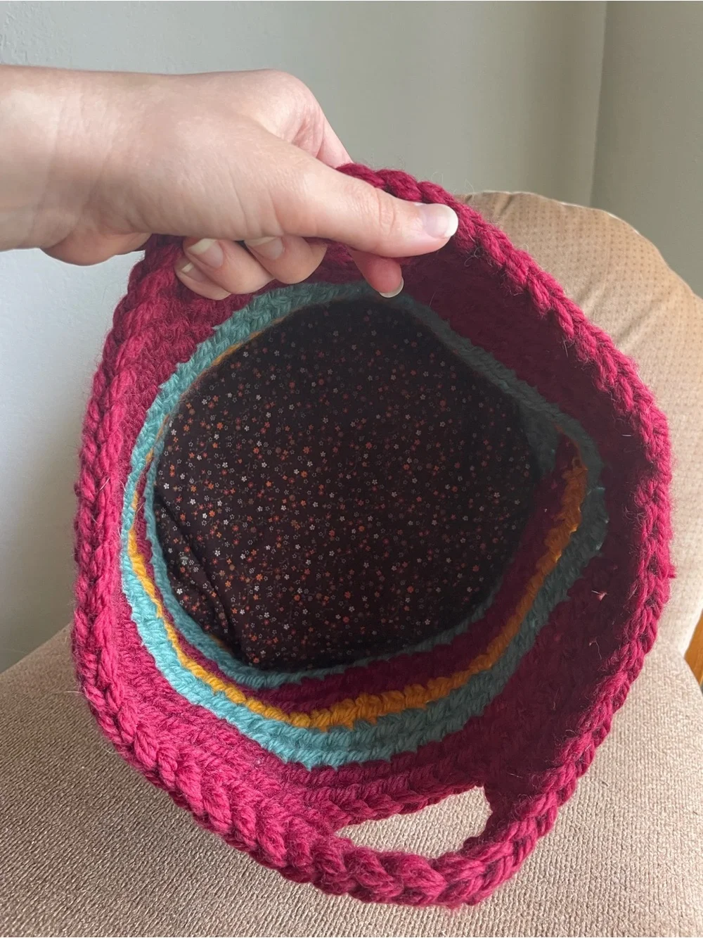 Handmade Crocheted Knit Maroon Yellow Teal Woven Basket